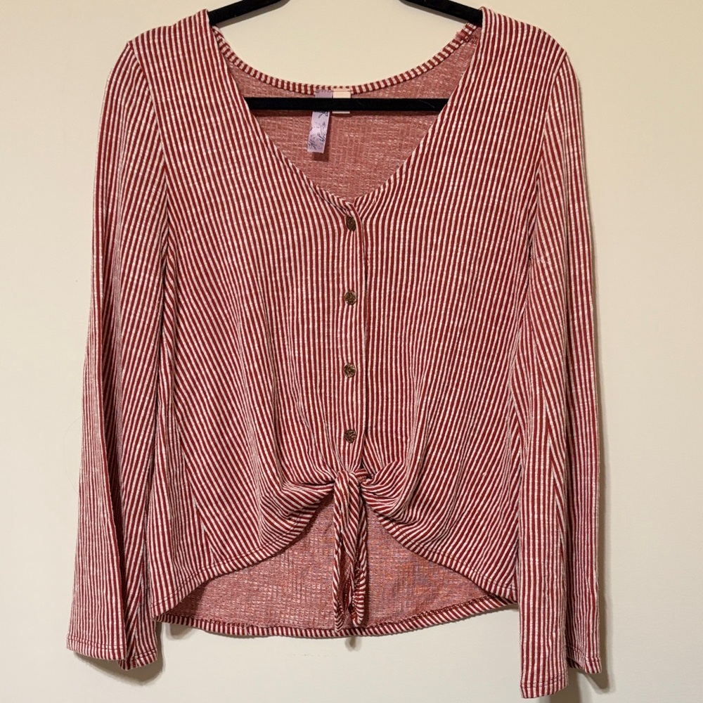 Alya Red and White Striped Button-Down Top